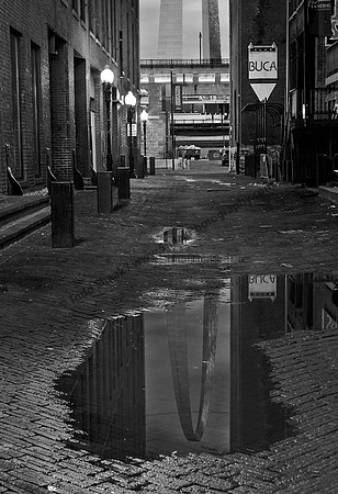 St. Louis Arch Reflection on St. Louis Laclede's Landing in Black and White